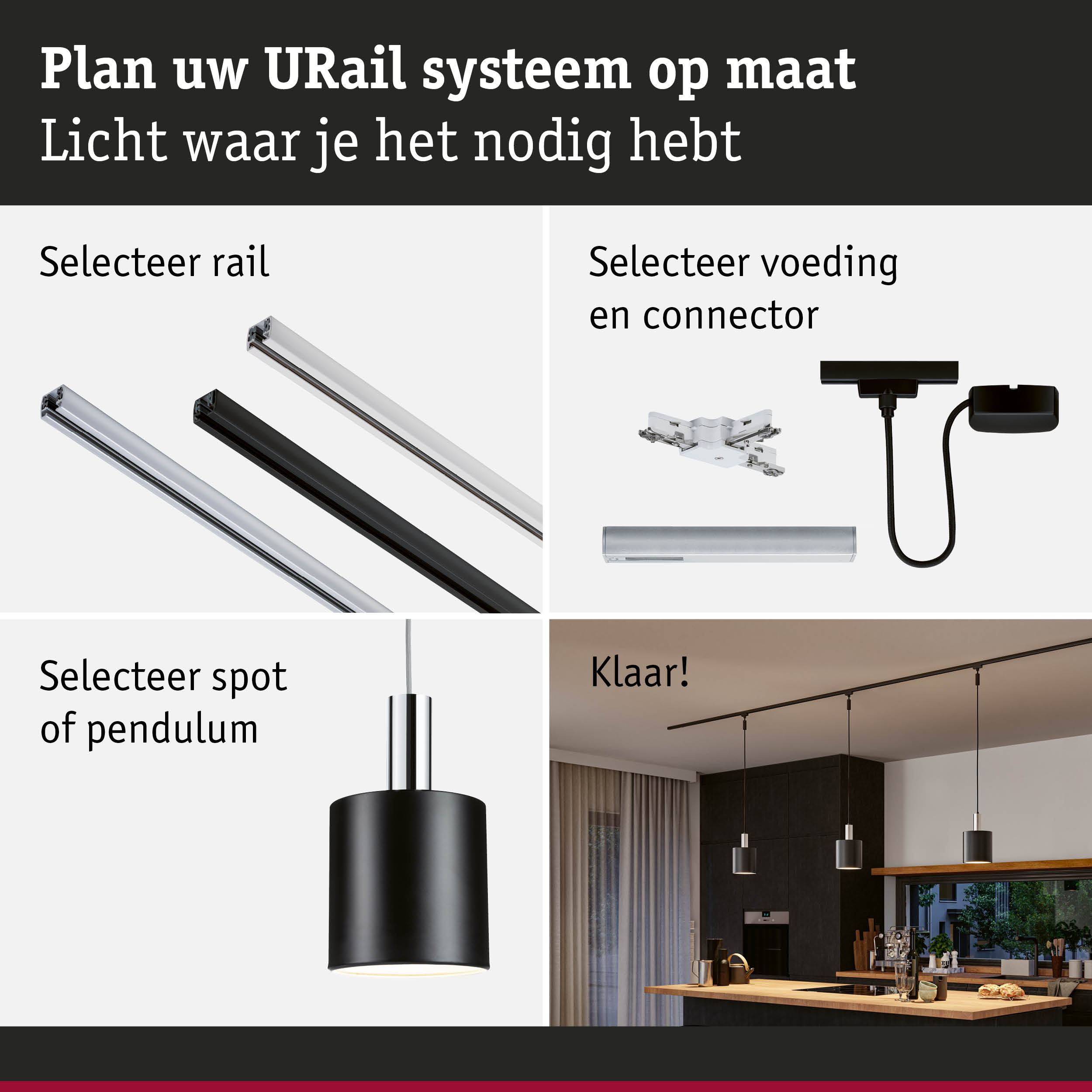 Modulair URail railsysteem met zwarte en witte rails, connectoren en zwarte pendellamp voor maatwerkverlichting
