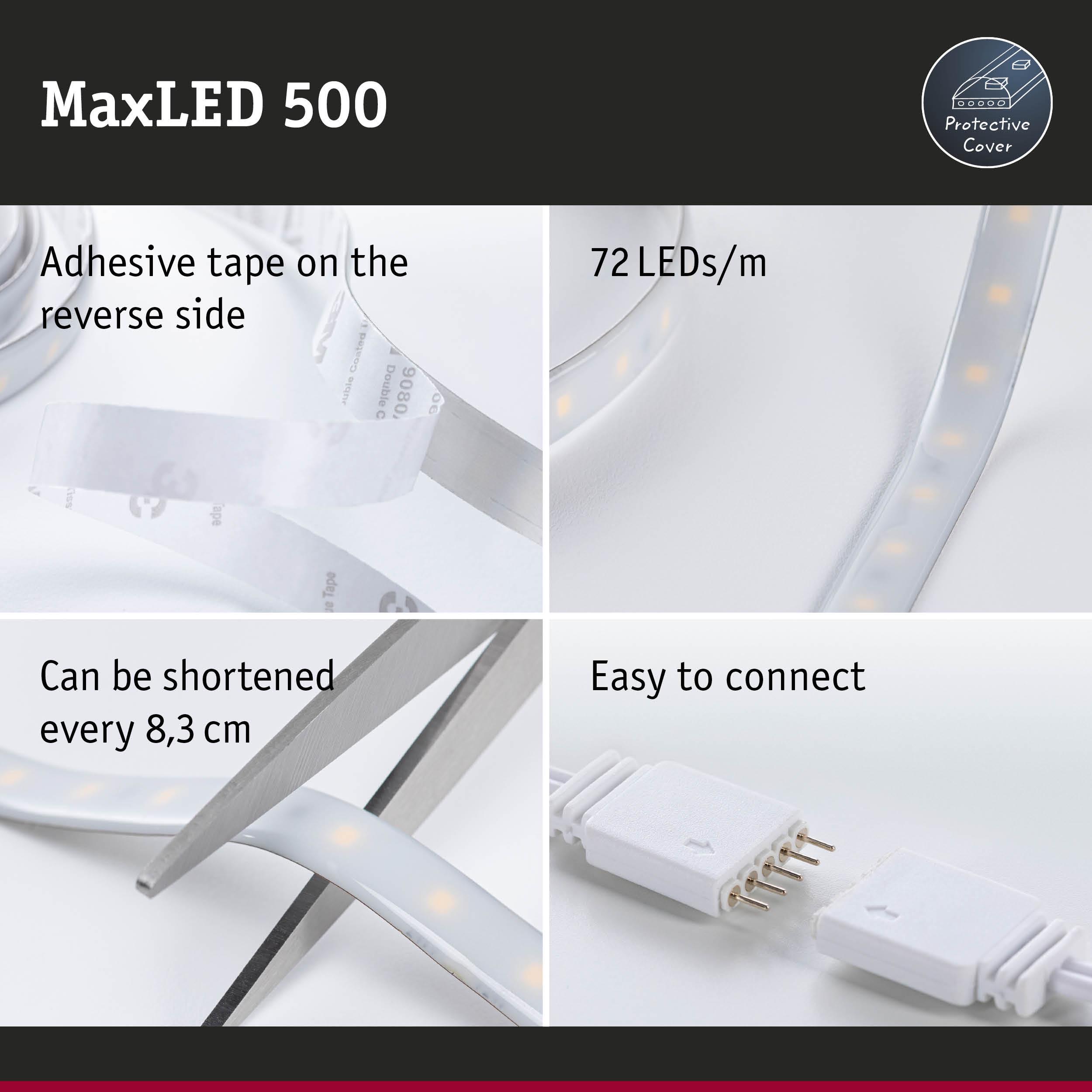 MaxLED 500 LED strip with protective cover, 72 LEDs per meter, adhesive tape, cuttable every 8.3 cm, easy to connect