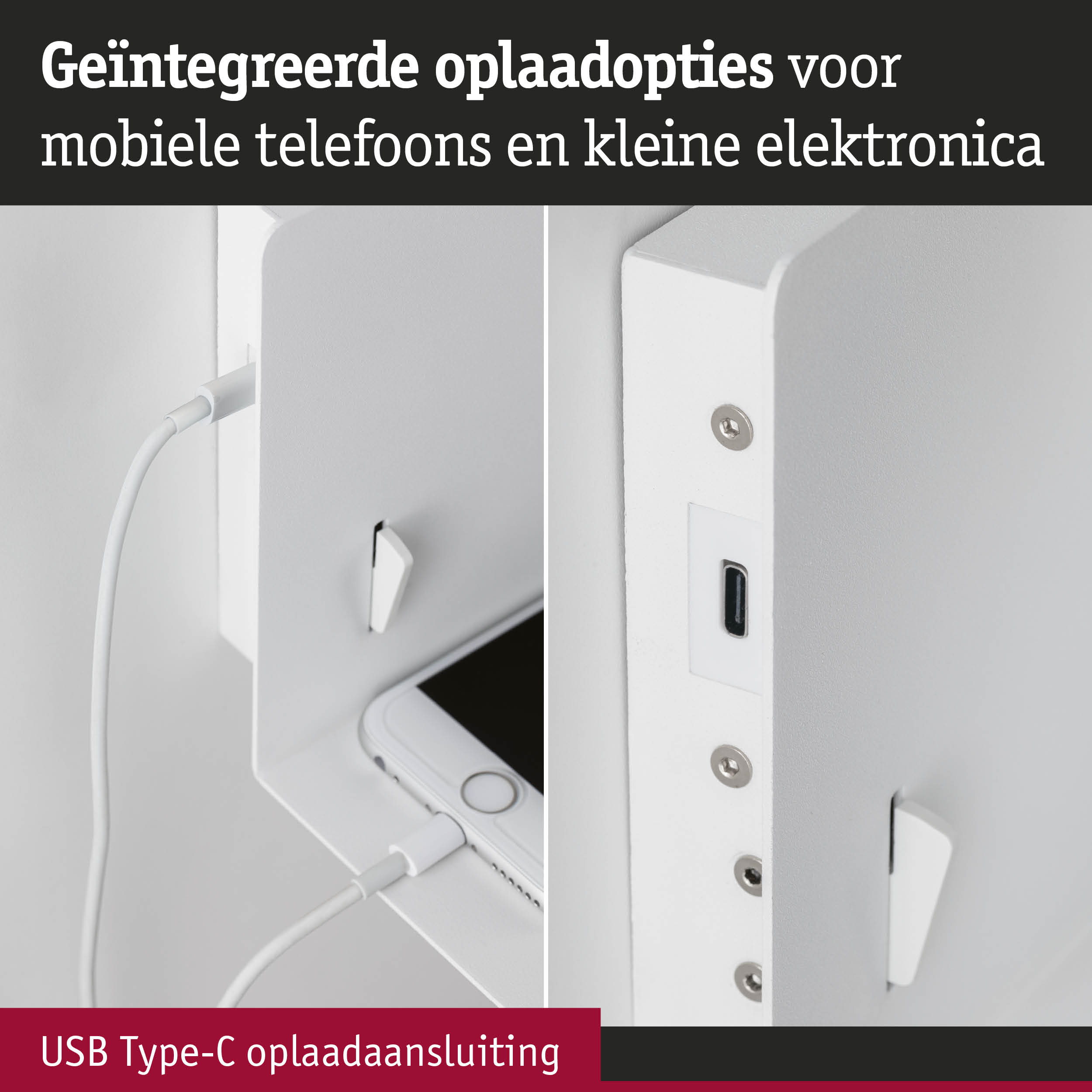 Witte wandcontactdoos met geïntegreerde USB Type-C oplaadaansluiting voor mobiele telefoons en kleine elektronica