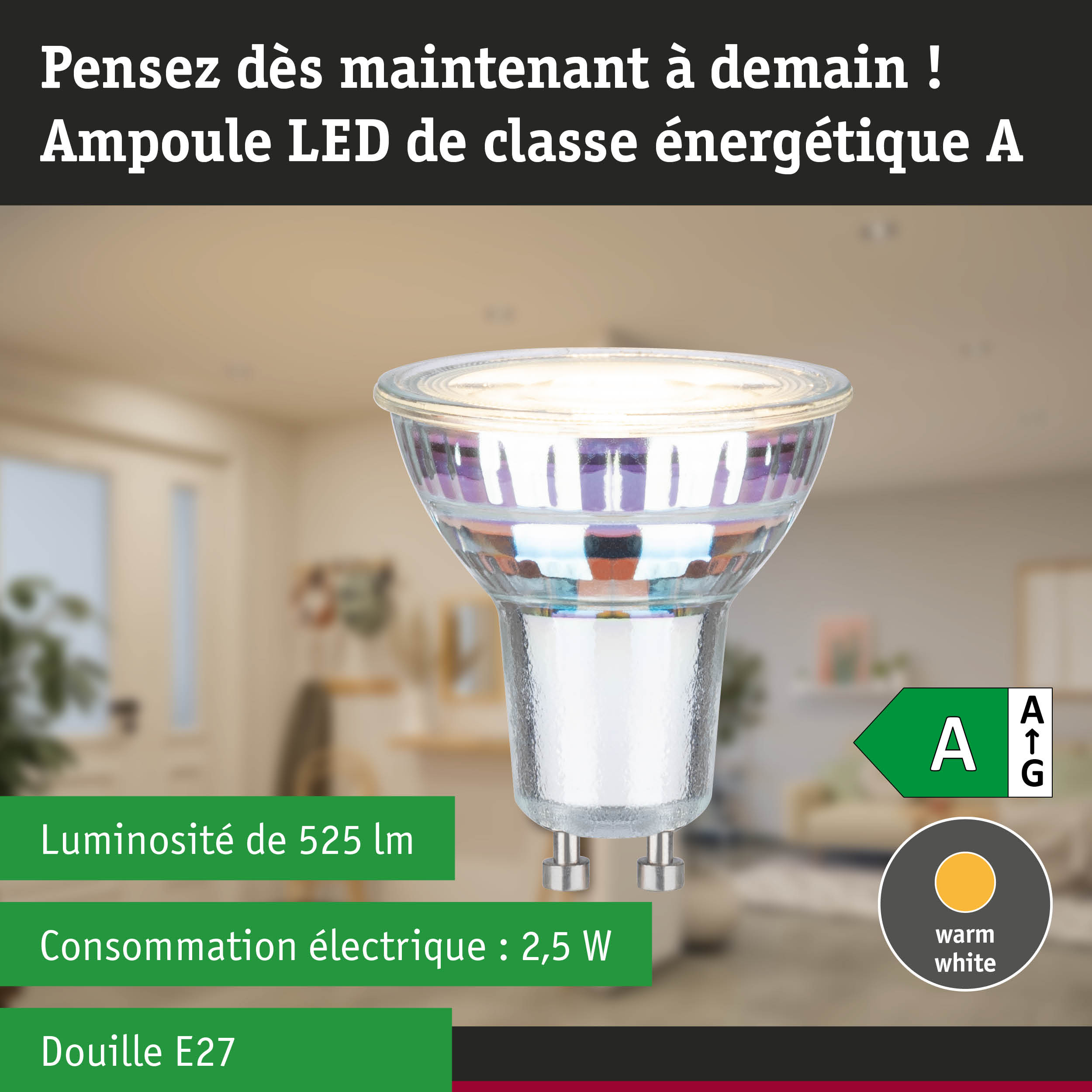 Ampoule LED lumière blanc chaud ultra-efficace sur fond de forêt verte lumineuse