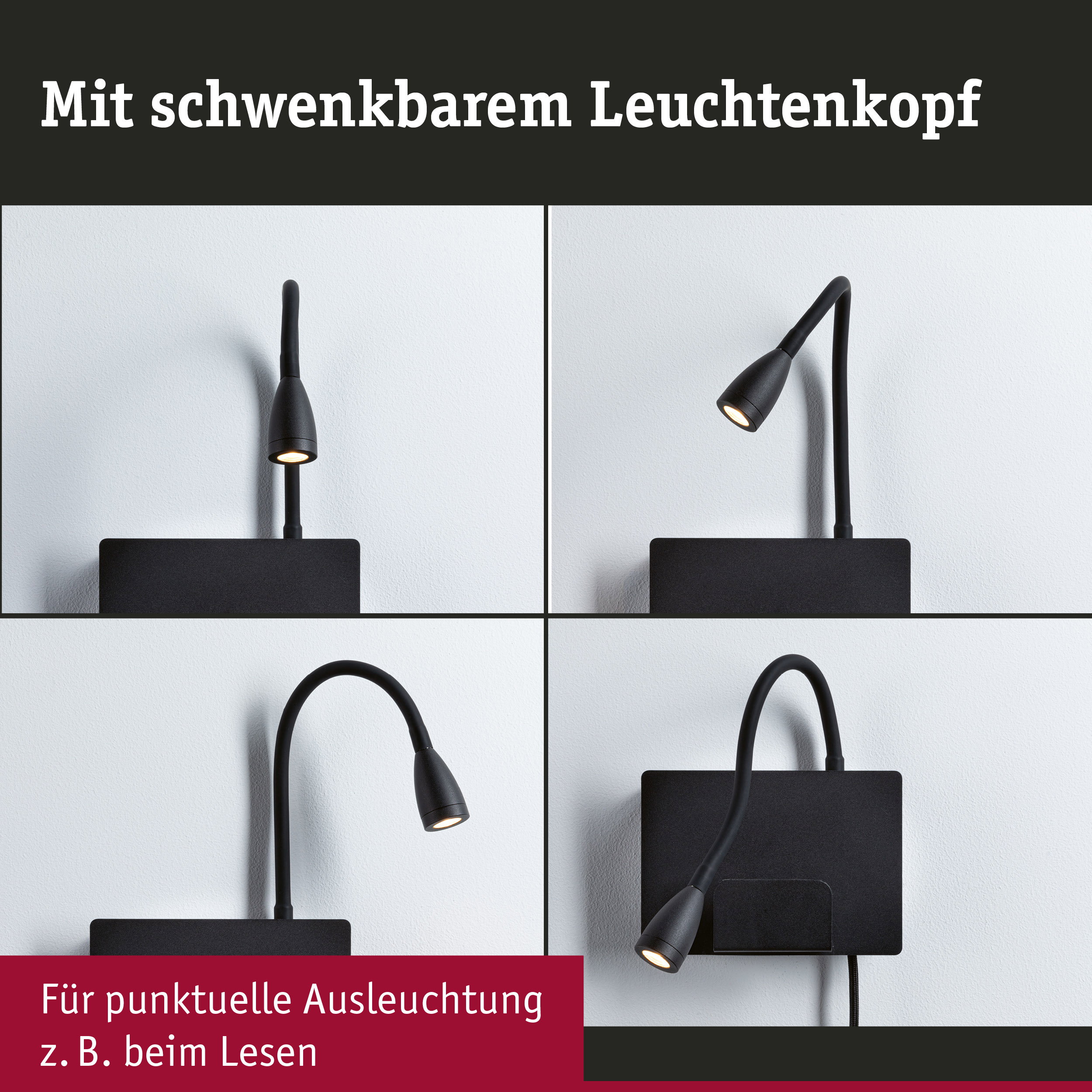 Schwarze LED-Wandleuchte mit flexiblem Leuchtenkopf für gezielte Beleuchtung beim Lesen