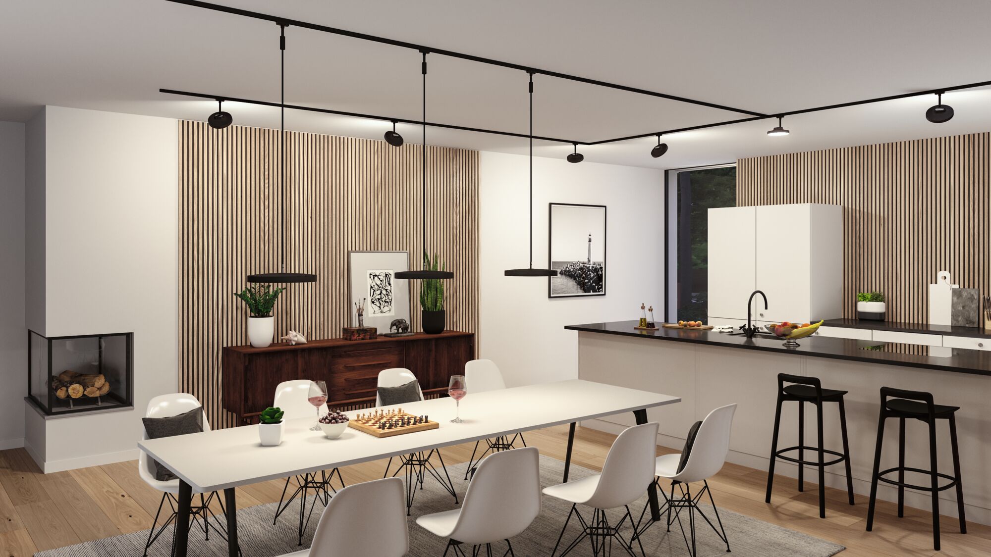 Modern dining room with black track lighting, white chairs, wood accents, and minimalist design