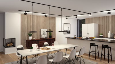 Modern dining room with black track lighting, white chairs, wood accents, and minimalist design