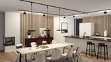 Moderne spisestue med sort LED-skinnebelysning og hvidt møblement i trælook