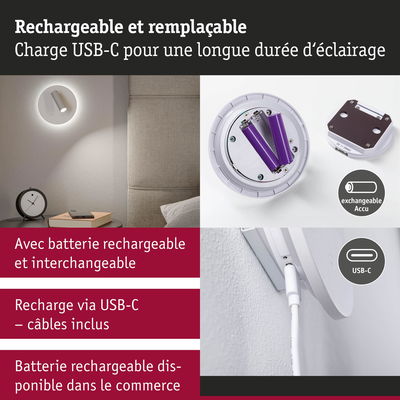 Applique murale LED blanche rechargeable avec batterie remplaçable et câble USB-C pour un éclairage durable
