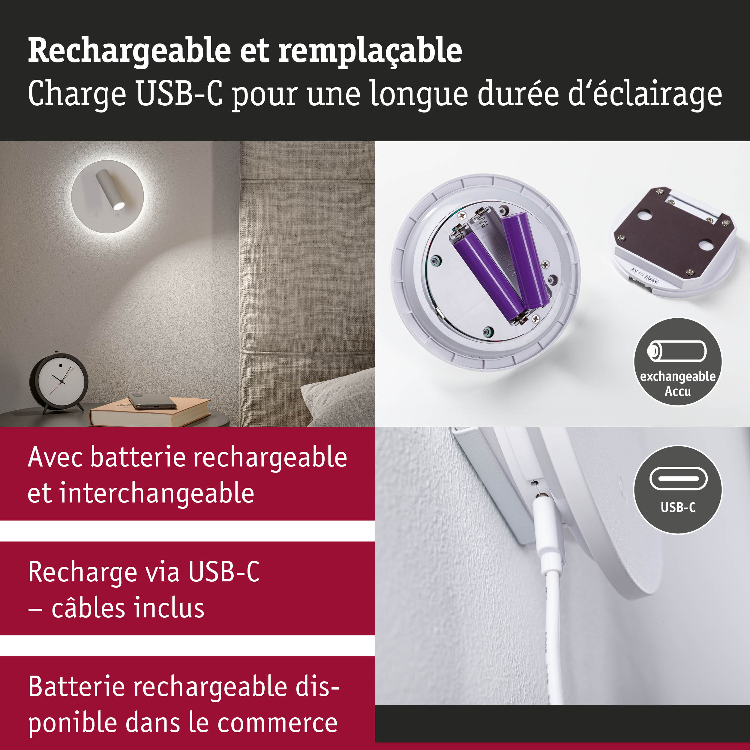 Applique murale avec batterie rechargeable et interchangeable, charge USB-C pour un éclairage durable