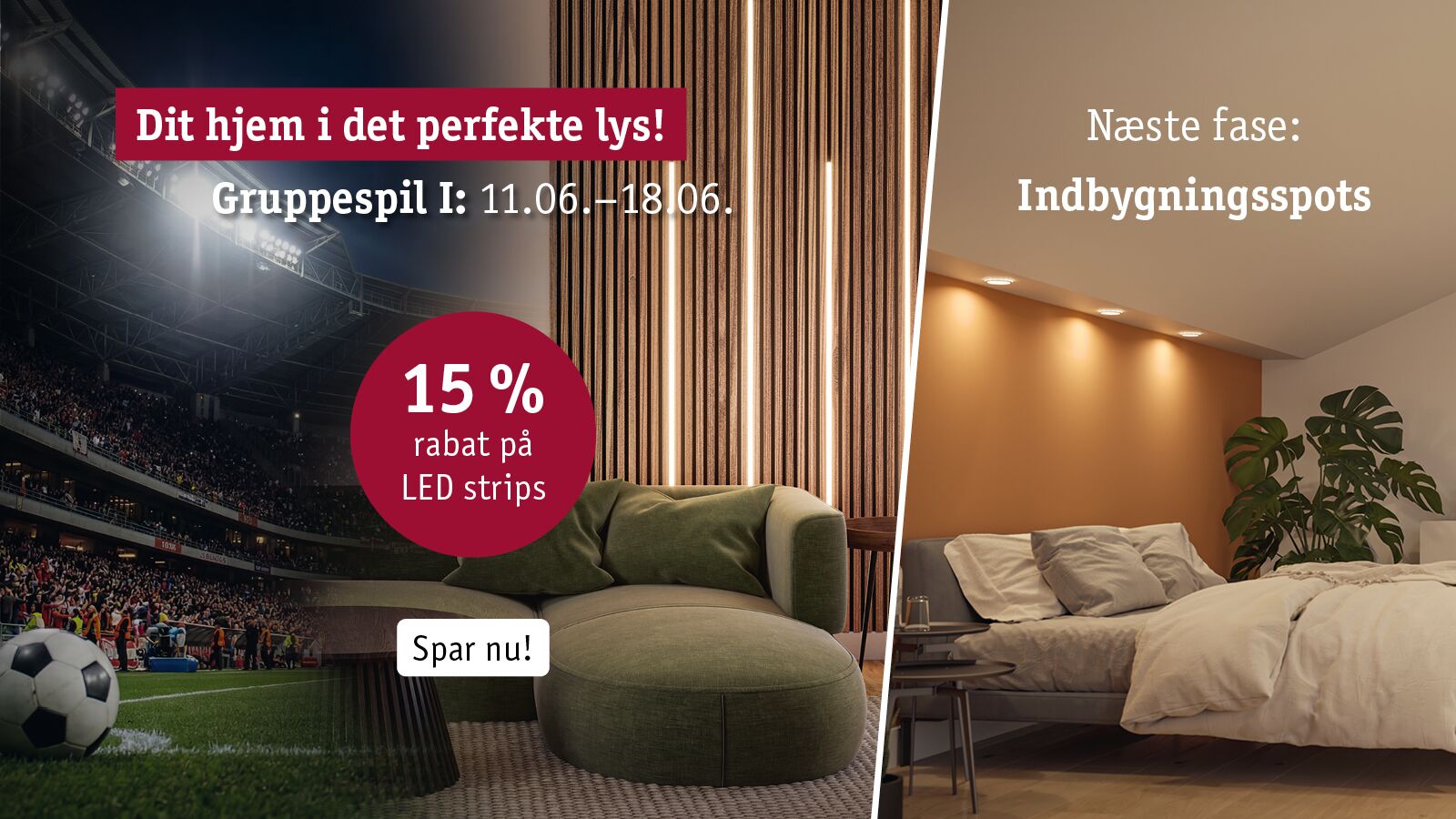 Stue med grøn sofa og lodrette LED-strips, 15% rabat på LED-strips til boligbelysning