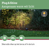 Buitenlamp met warm wit licht die tuinplanten bij houten schutting 's nachts verlicht