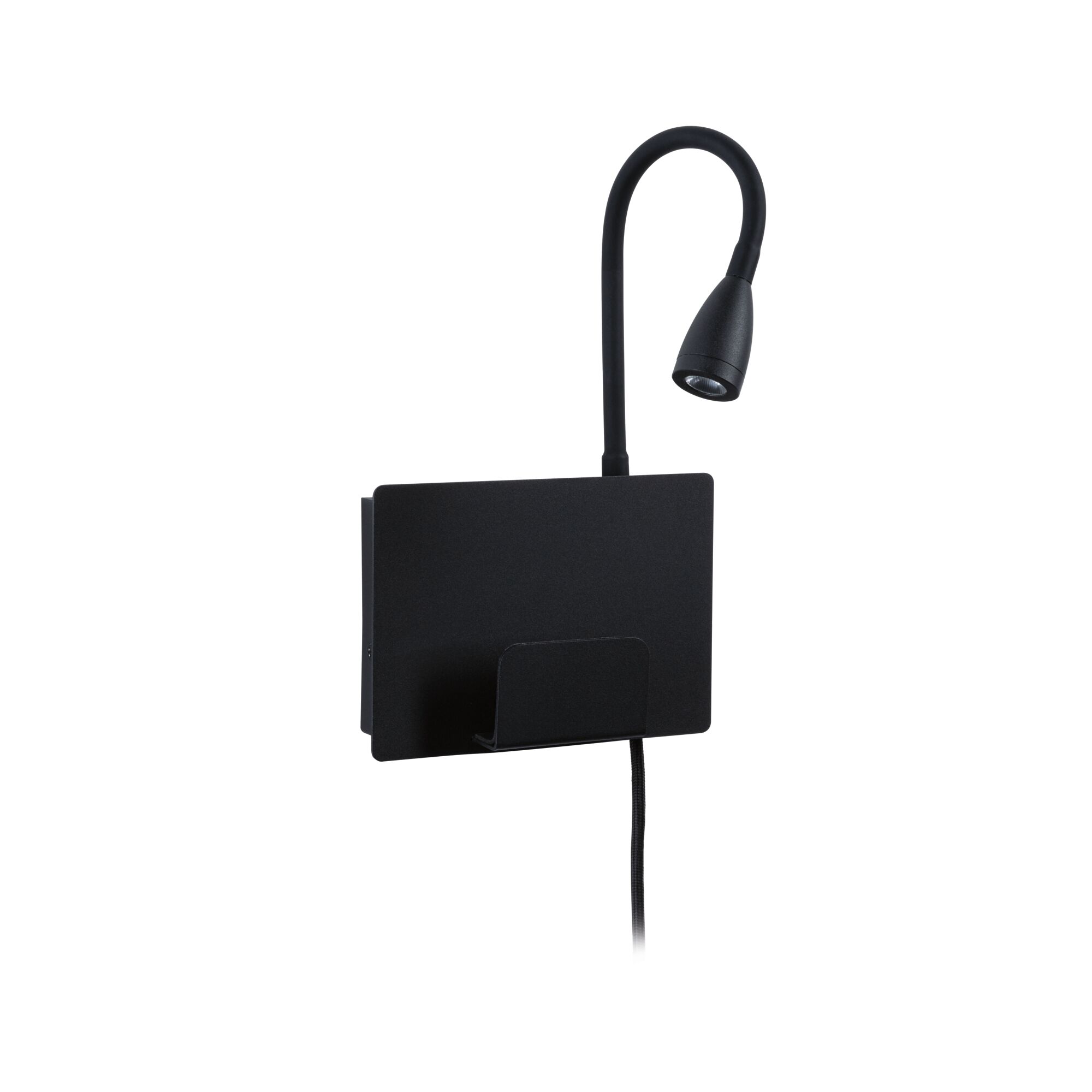 Applique murale LED noire avec bras de lecture flexible et étagère en métal pour un éclairage moderne