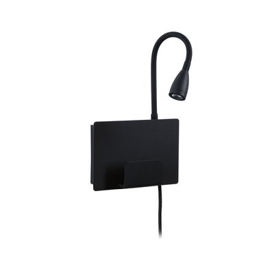 Applique murale LED noire avec bras de lecture flexible et étagère en métal pour un éclairage moderne