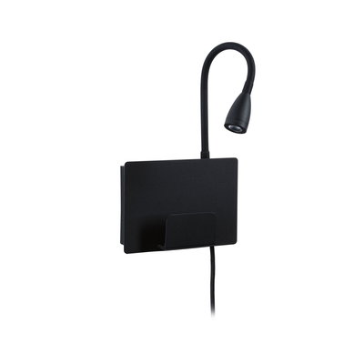 Black LED wall lamp with flexible reading arm and metal shelf for modern lighting design