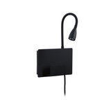 Black LED wall lamp with flexible reading arm and metal shelf for modern lighting design