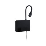 Zwarte LED-wandlamp met flexibele leesarm en metalen plank voor modern lichtontwerp