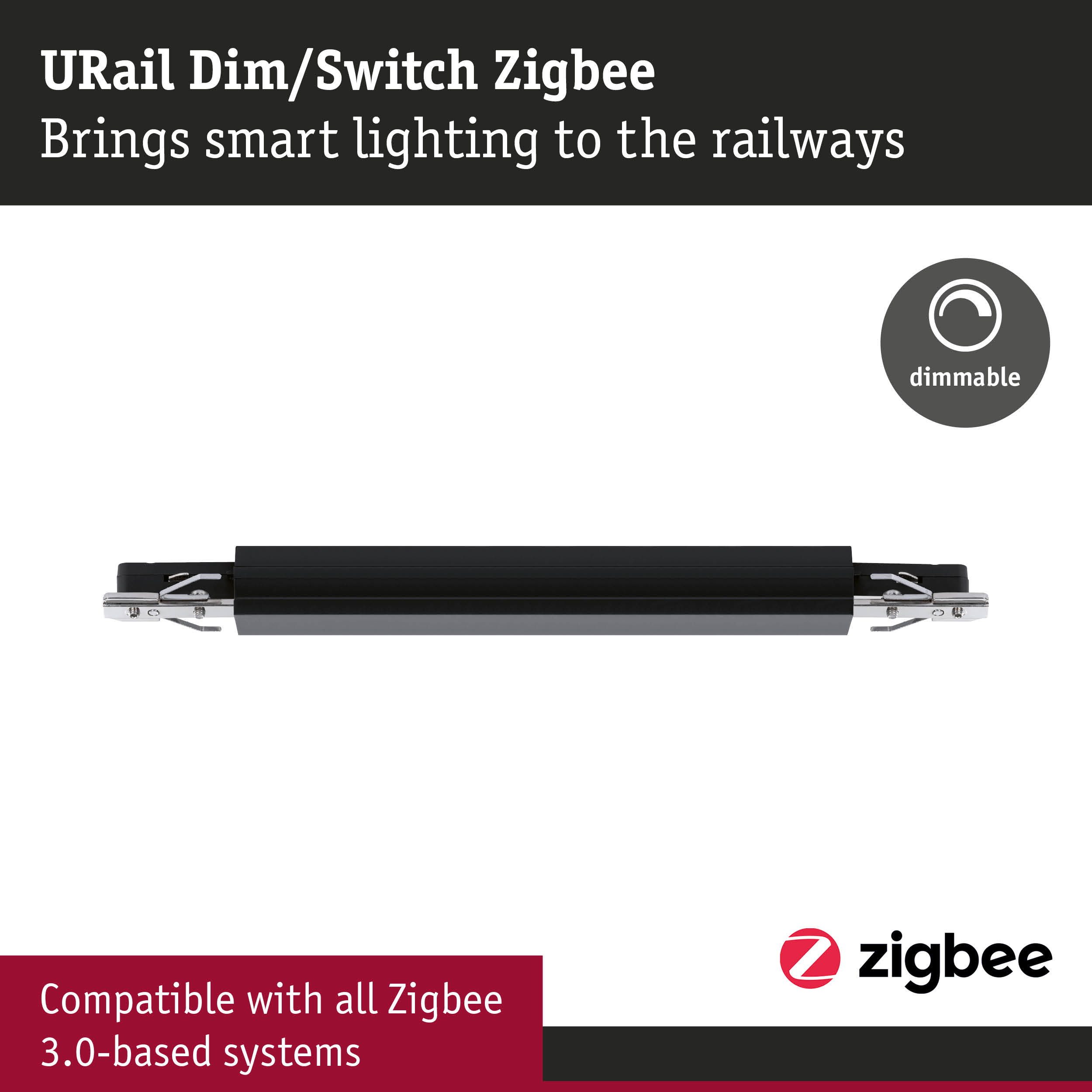 Black URail Dim/Switch Zigbee rail adapter with dimmable feature for smart lighting control