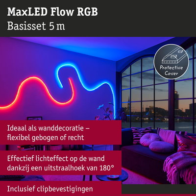 MaxLED Flow RGB 5 m flexibele LED-strip voor wanddecoratie met 180° lichtstraal en clips