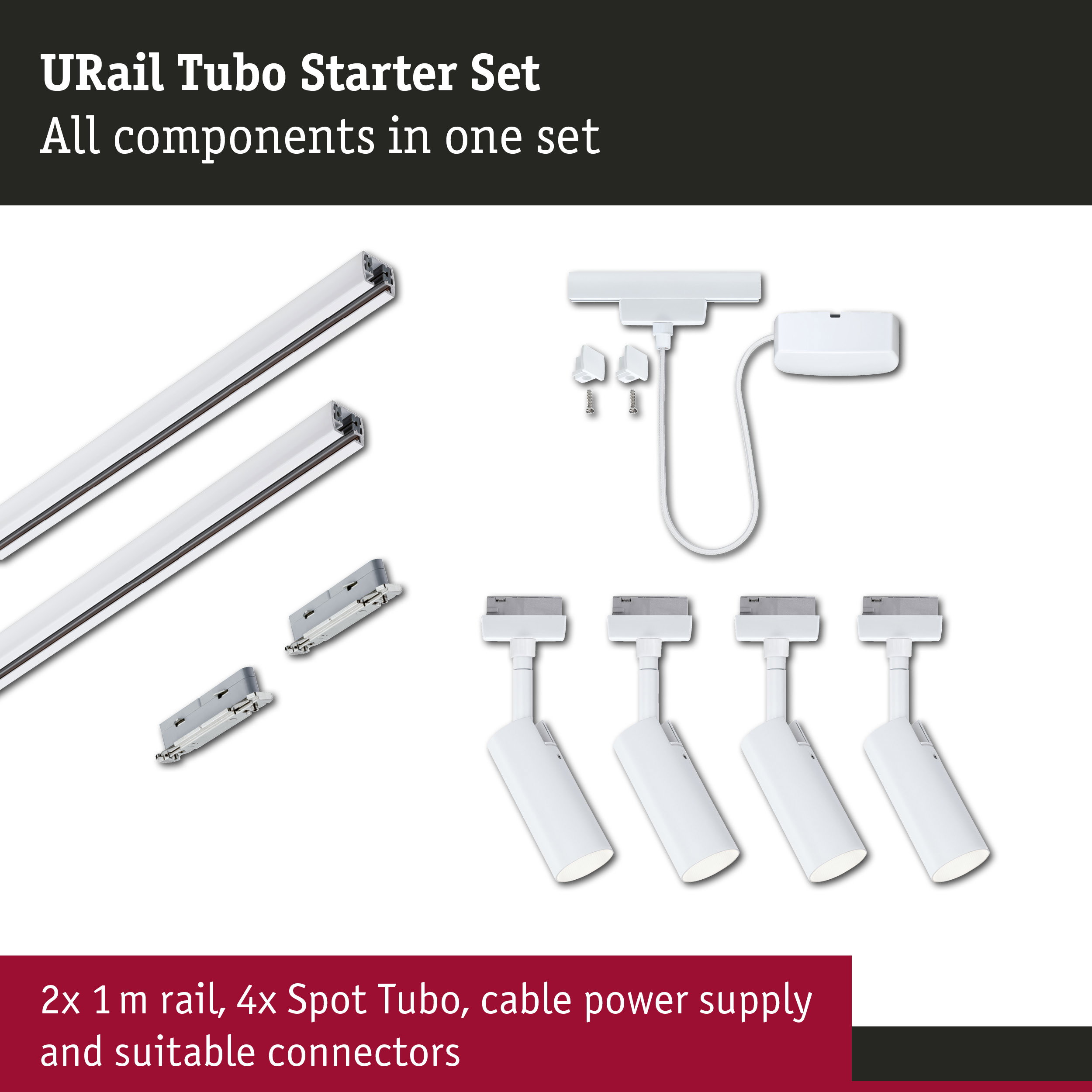 URail Rail spot Tubo Starter set 4x150lm 4x4W 3000K dimmable 230V Signal white
