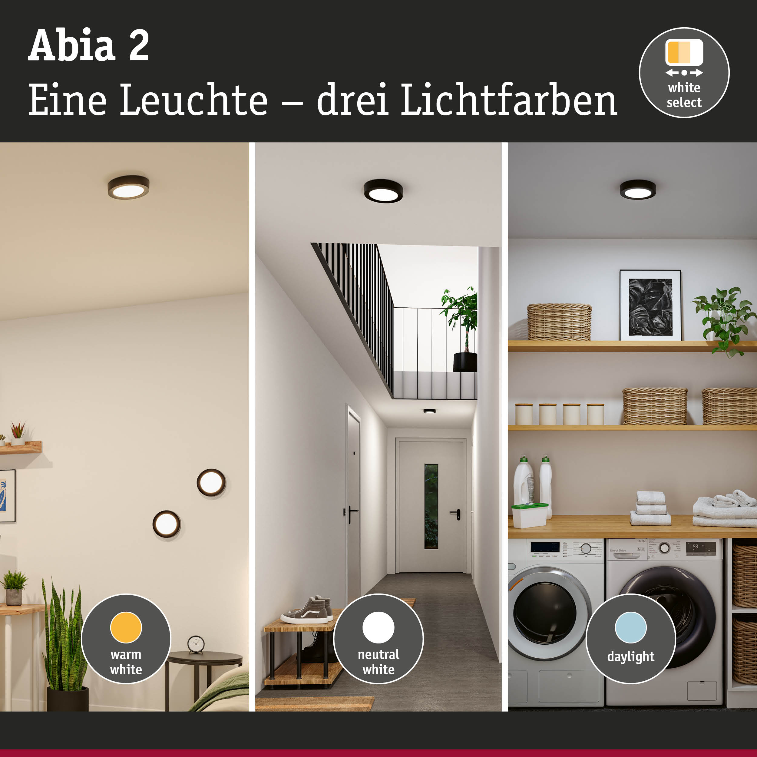 Abia 2 Deckenleuchte mit drei Lichtfarben warmweiß, neutralweiß und tageslicht für Wohnräume