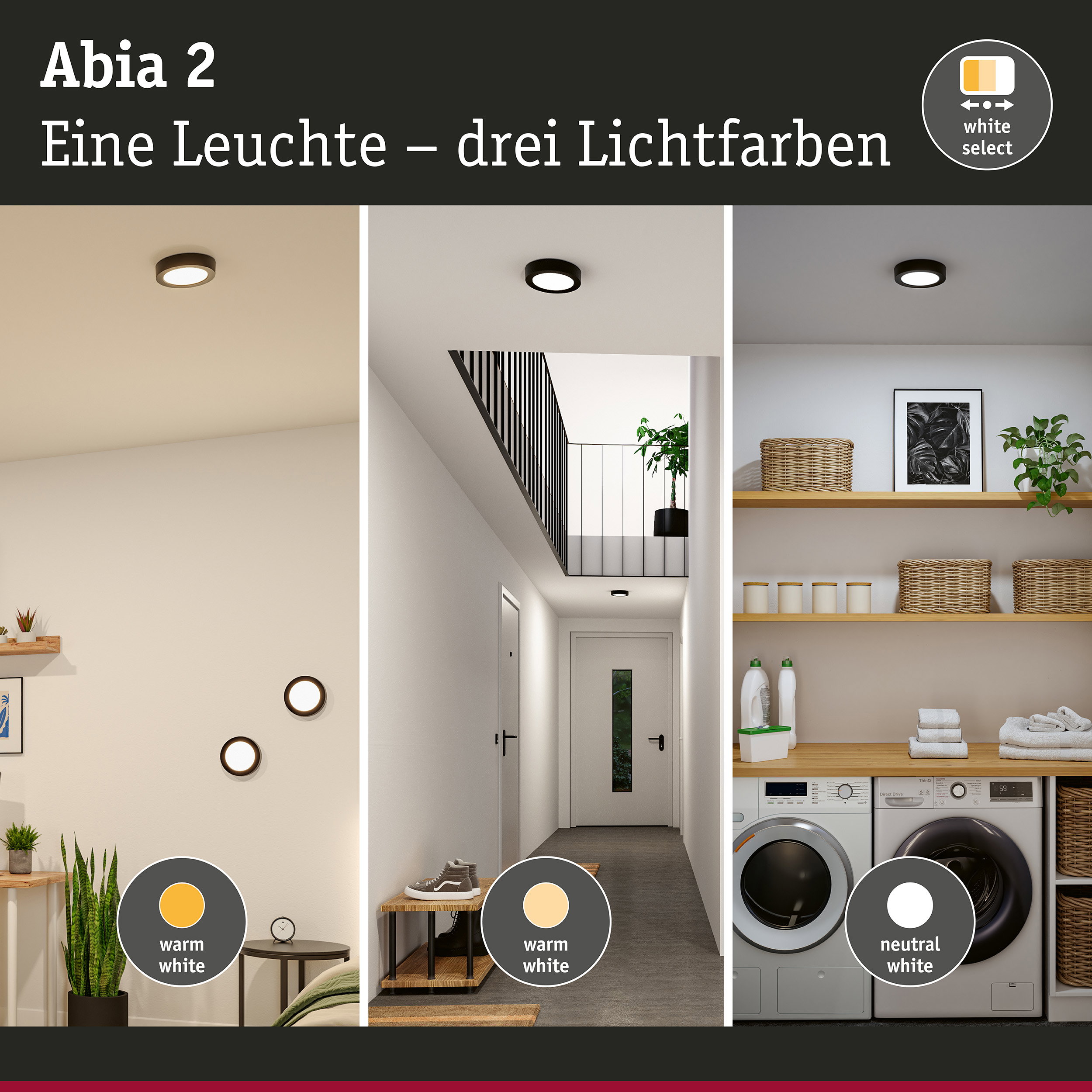 Abia 2 Deckenleuchte mit drei Lichtfarben warmweiß, neutralweiß und tageslicht für Wohnräume