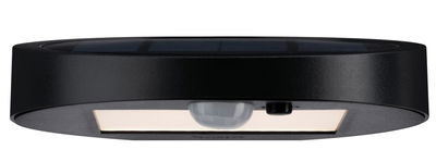 Round black solar LED wall light with motion sensor and warm white light for outdoor use