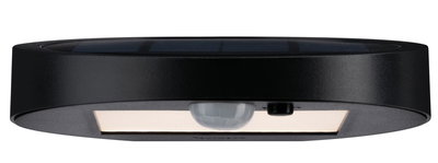 Round black solar LED wall light with motion sensor and warm white light for outdoor use