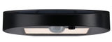 Round black metal solar light with motion sensor and LED for outdoor use and garden lighting