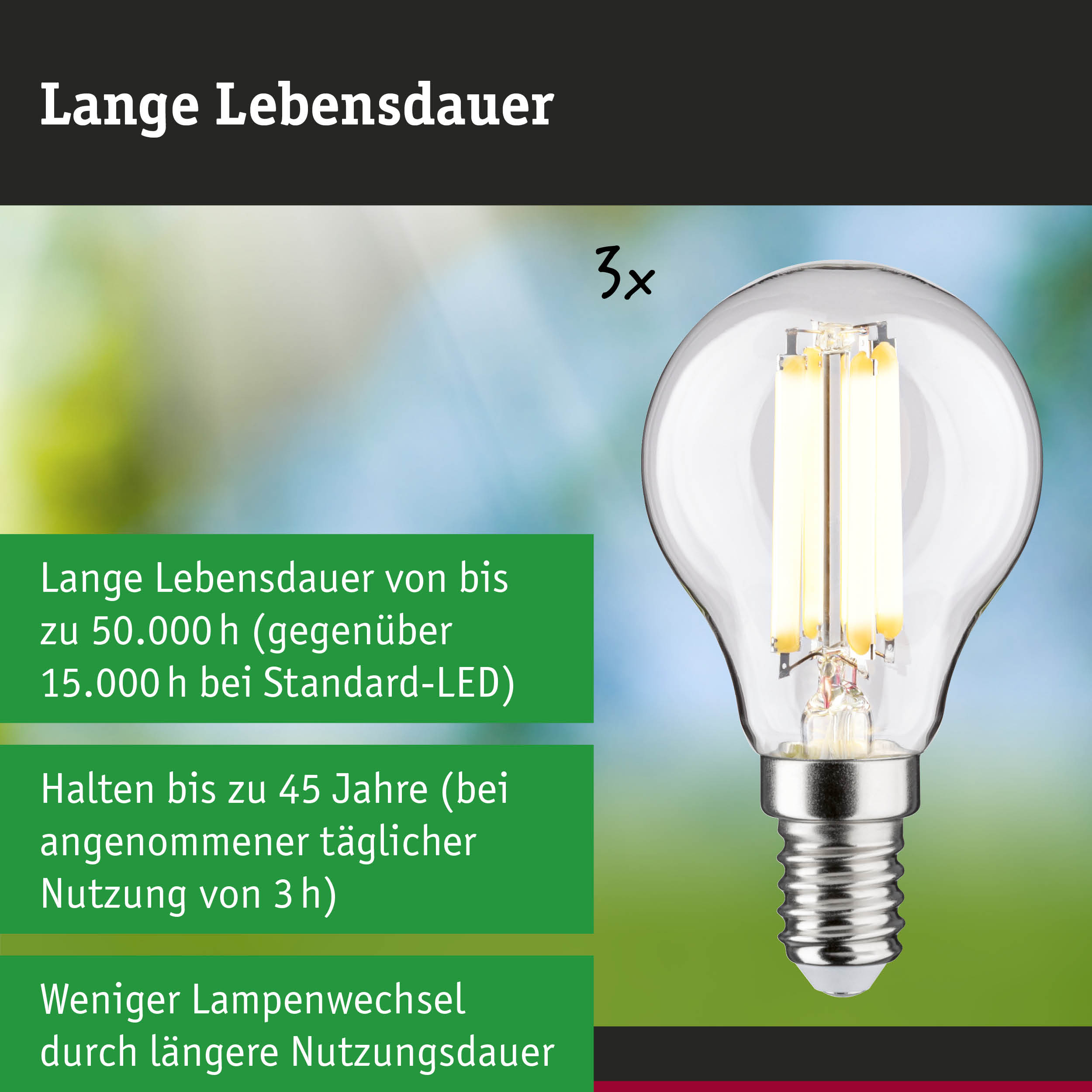 Efficient-Line Filament 230V LED Tropfen E14 3er-Set 82mm 525lm 2,5W 3000K Klar