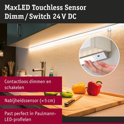 MaxLED contactloze sensor voor dimmen en schakelen 24 V DC in moderne keuken LED-verlichting