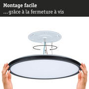 Guide de montage pour plafonnier rond avec cadre noir et diffuseur blanc, fixation facile par vis