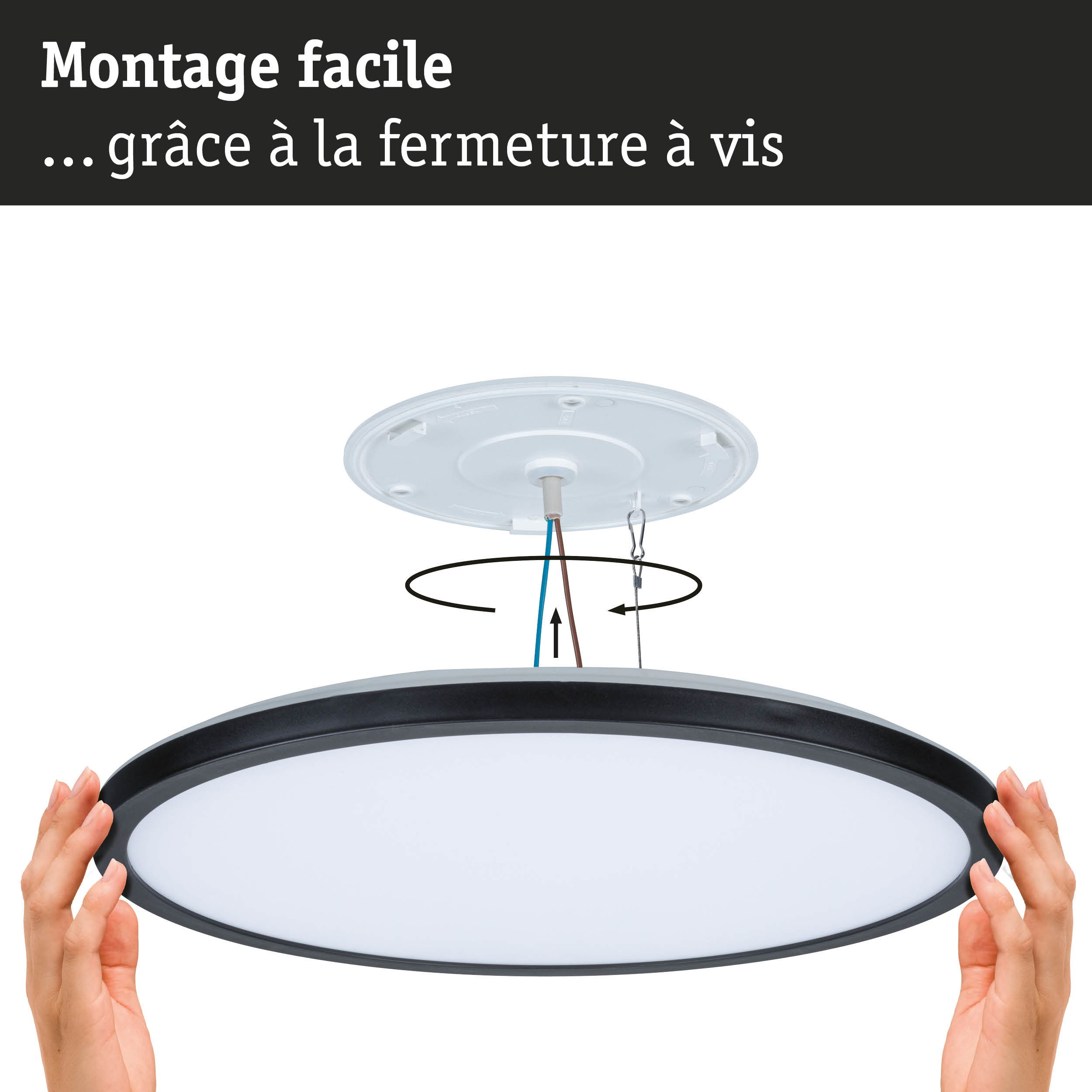 Guide de montage pour plafonnier rond avec cadre noir et diffuseur blanc, fixation facile par vis