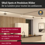 Spots URail et Pendulum Hildor avec lumière LED blanc chaud dans une cuisine moderne