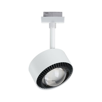 Weißer LED-Spot aus Metall mit schwarzem Lüfterring für moderne Schienensysteme und Akzentbeleuchtung