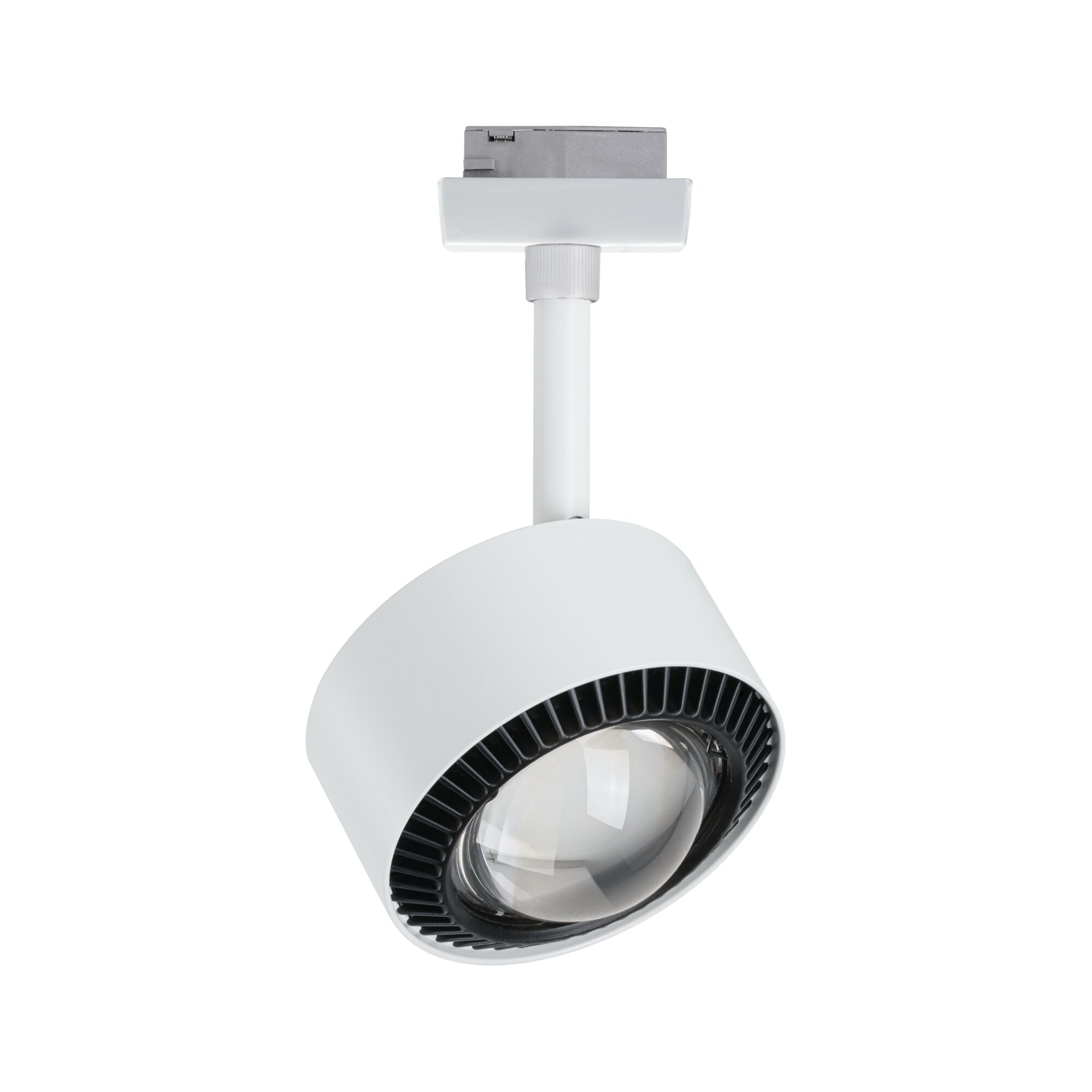 Weißer LED-Spot aus Metall mit schwarzem Lüfterring für moderne Schienensysteme und Akzentbeleuchtung