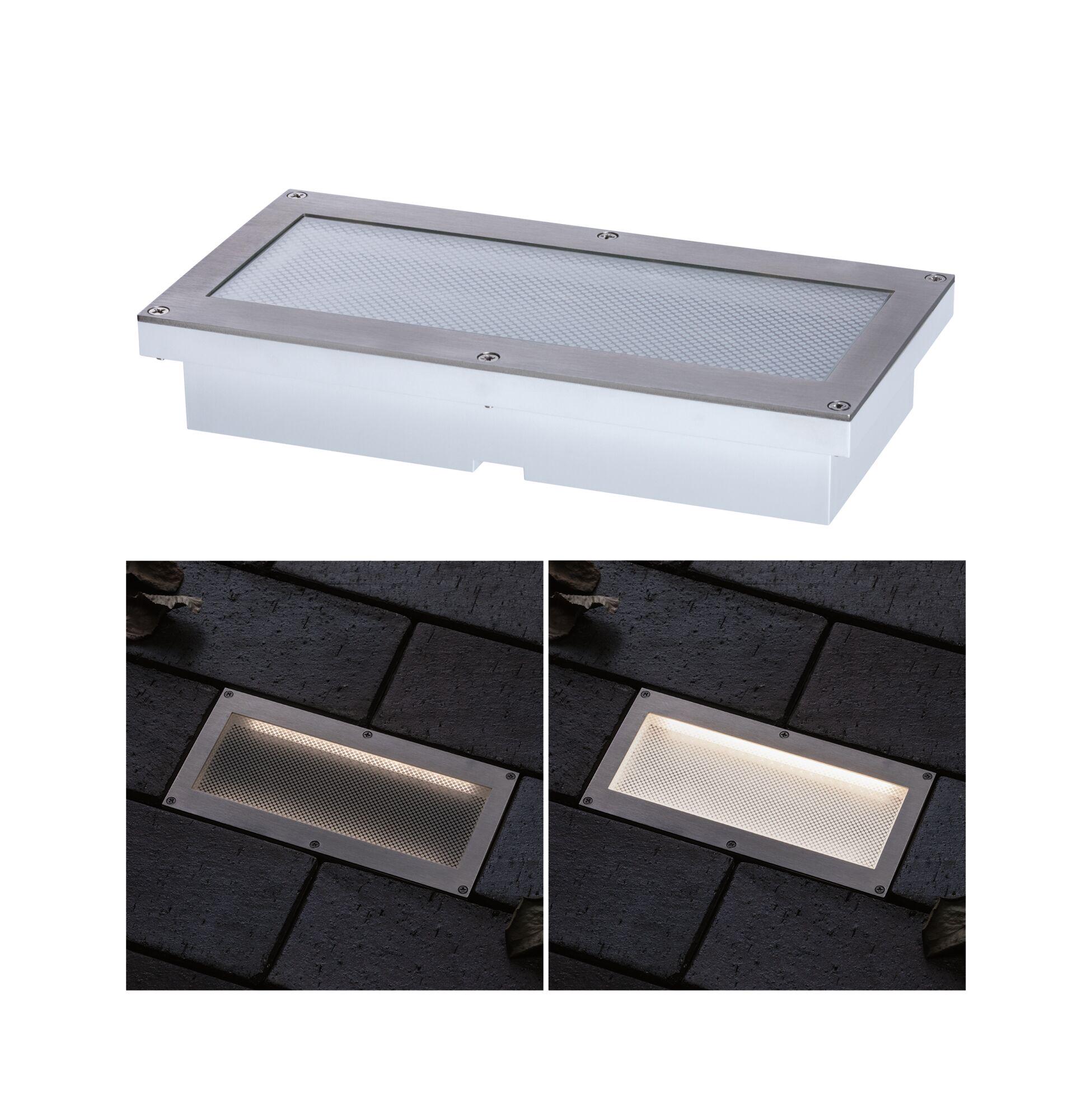 LED Recessed floor light Brick Twilight-controlled motion detector (IR) IP67 200x100mm 3000K 1,6W 50lm 230V Aluminium/Grey Metal/Stainless steel Rectangular stainless steel recessed light with frosted glass and screws, ideal for outdoor lighting