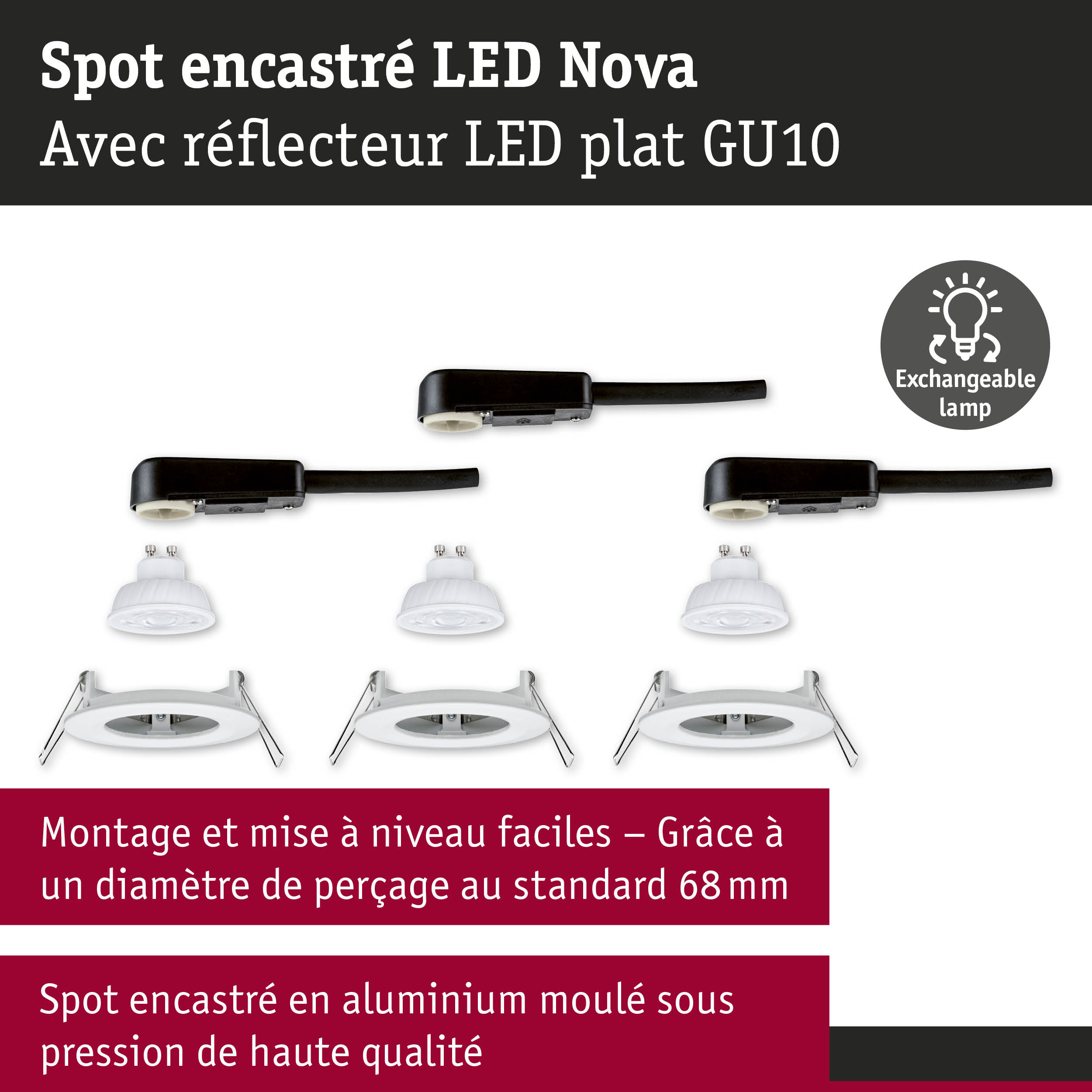 Spot encastré LED Nova en aluminium blanc avec douille GU10 et lampe interchangeable