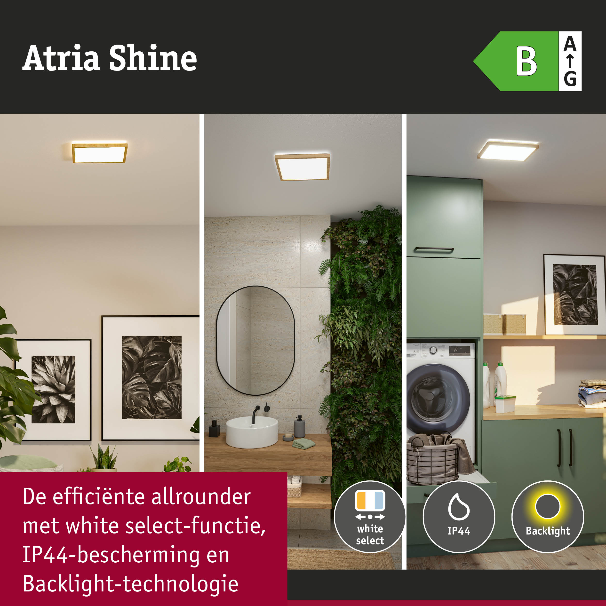 Atria Shine LED-plafondlamp met houten frame, warm wit licht, IP44 bescherming en backlight-technologie