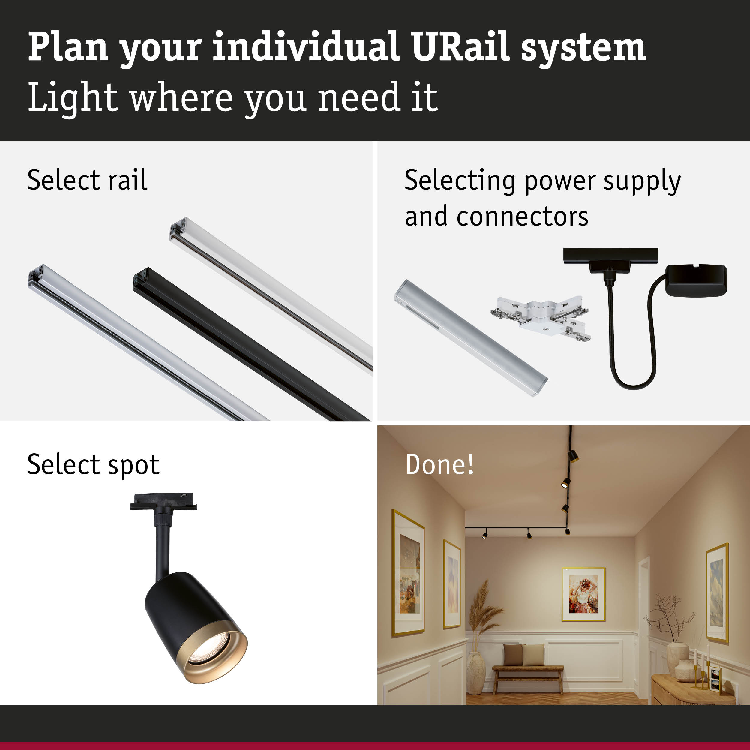 Modular URail track system with selectable rails, power supplies, and spotlights for flexible lighting