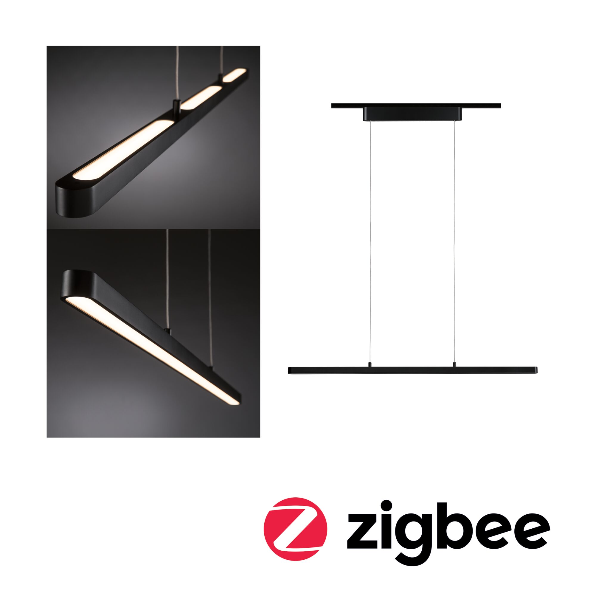 Zwarte metalen LED-hanglamp met warm wit licht en slank ontwerp voor moderne interieurs