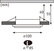 Technische Zeichnung eines Einbauleuchtensystems mit 100 mm Durchmesser und 55 mm Einbautiefe