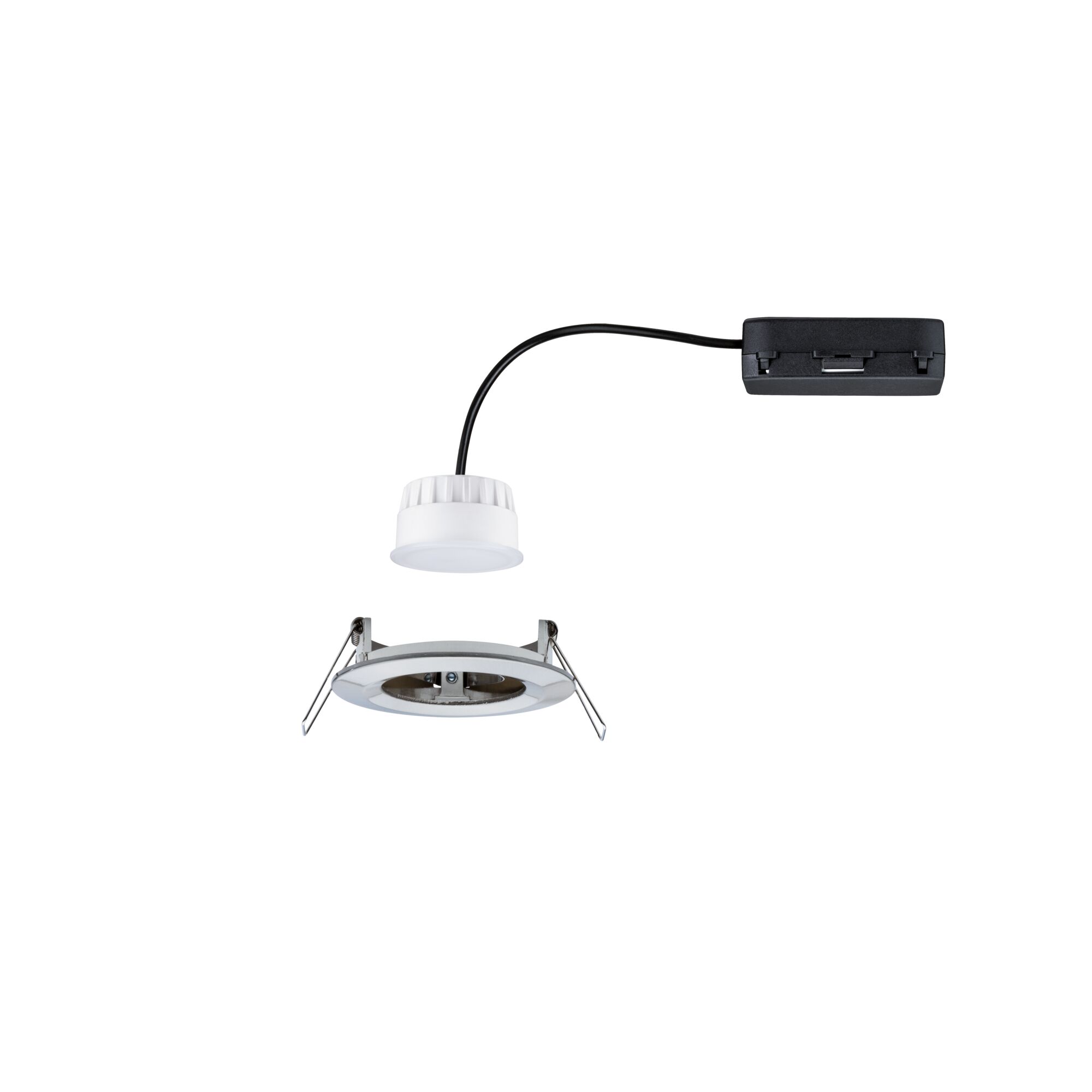 Witte LED inbouwspot met zwarte kabel en metalen beugel voor moderne binnenverlichting