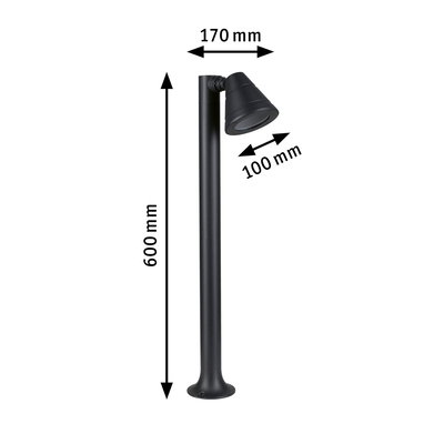 Black metal outdoor light with adjustable spotlight head, dimensions 600x170x100 mm for garden lighting