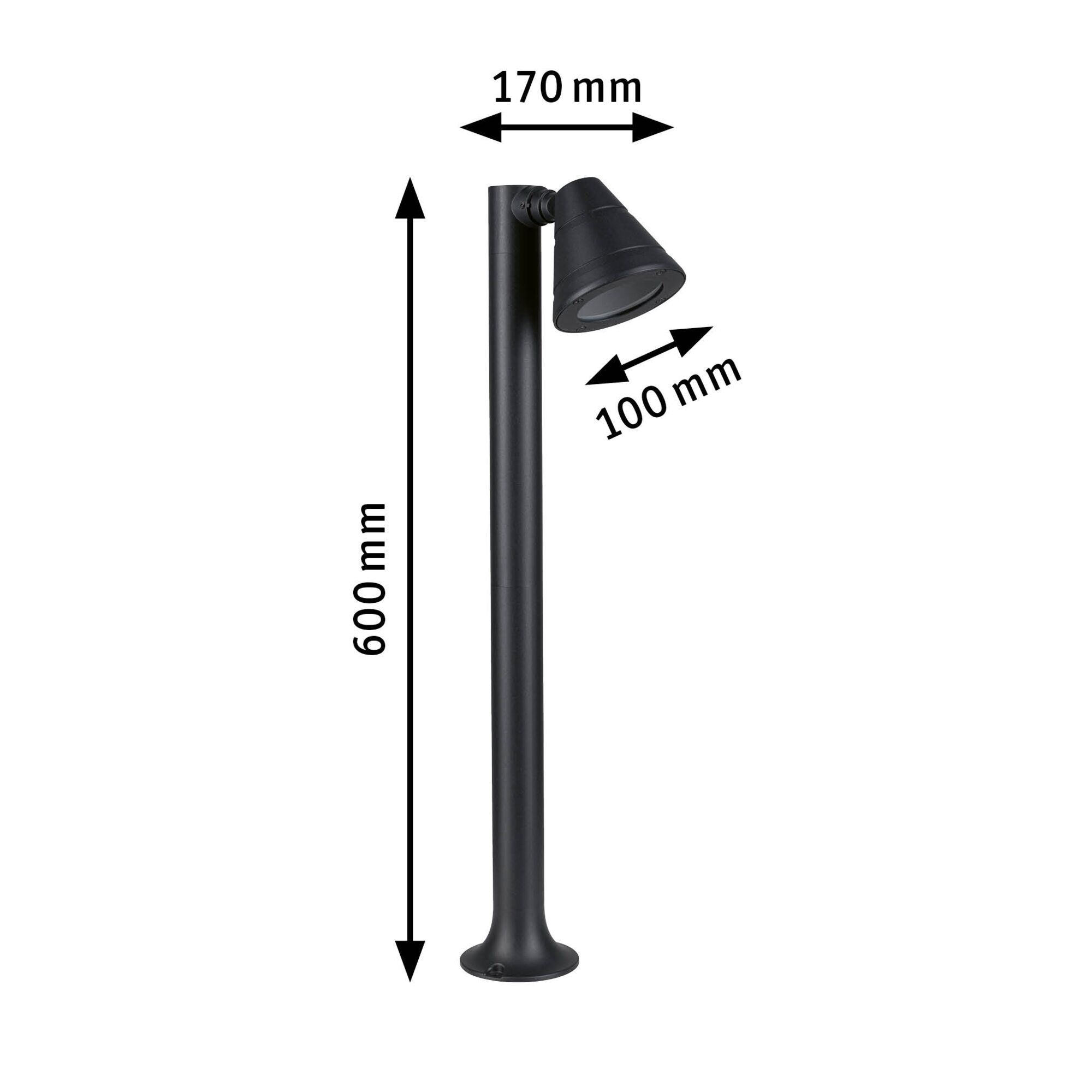 Schwarze Außenleuchte aus Metall mit verstellbarem Strahlerkopf und Maßen 600x170x100 mm für Gartenbeleuchtung