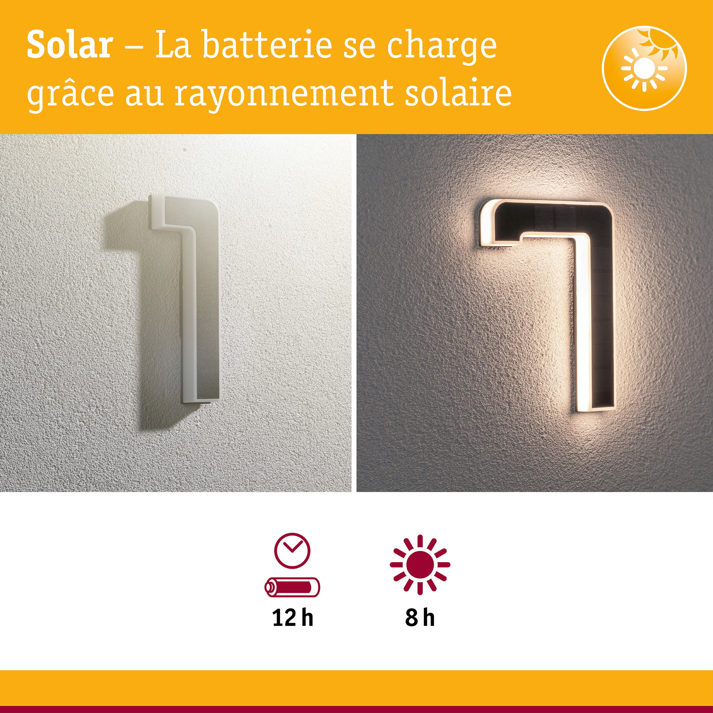 Applique murale LED blanche solaire avec panneau solaire intégré et longue autonomie de batterie
