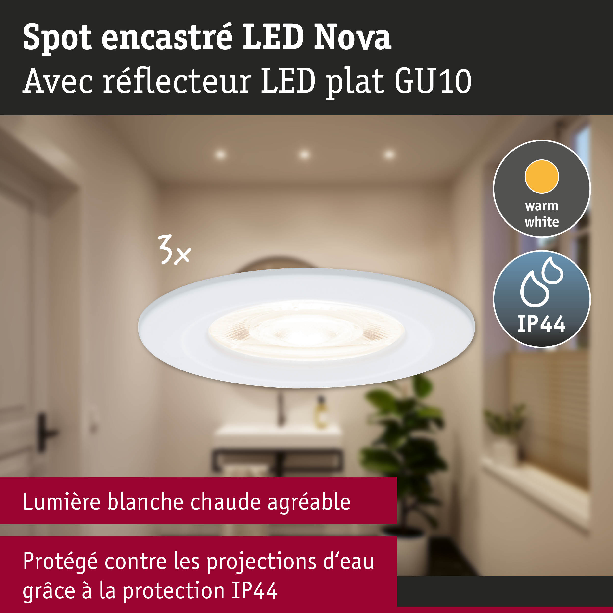 Spot encastré LED Nova blanc avec réflecteur LED plat GU10 et protection IP44 pour salle de bain