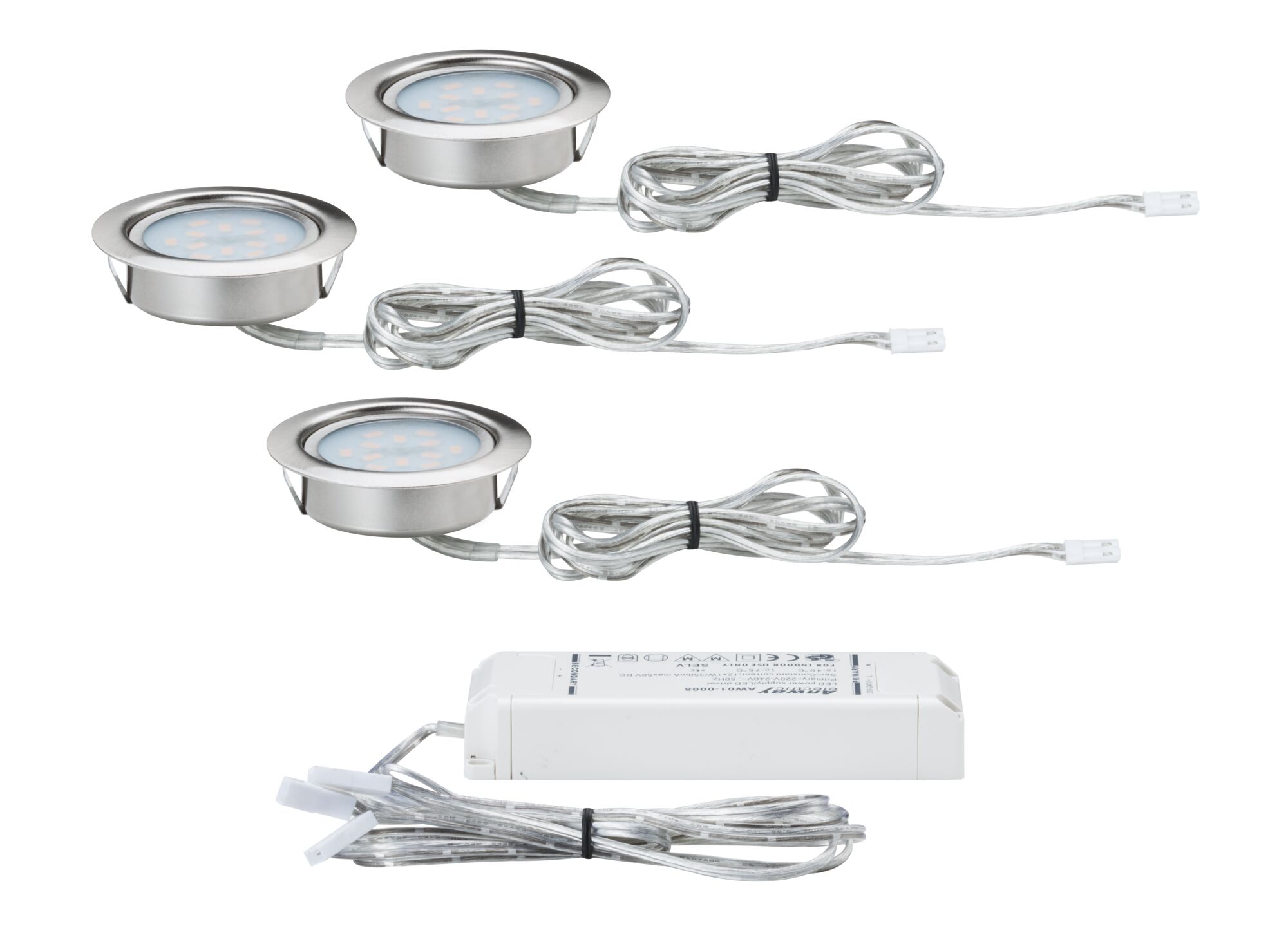 Drie ronde LED-inbouwspots van geborsteld roestvrij staal met kabels en witte driver voor woningverlichting.