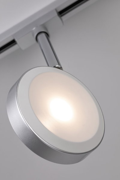 Moderner runder LED-Spot in Silber mit weißem Diffusor für Schienensystem-Beleuchtung