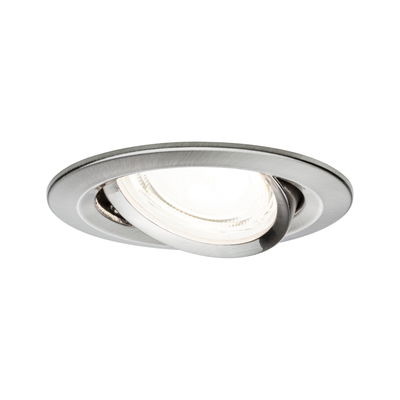Rund einstellbarer Einbaustrahler aus gebürstetem Edelstahl für moderne LED-Beleuchtung.