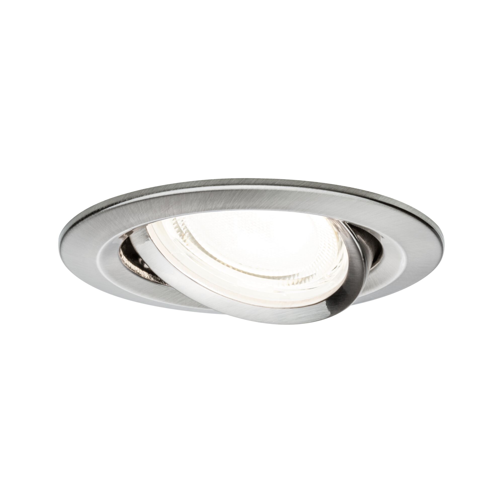 Round adjustable recessed spotlight in brushed stainless steel for modern LED lighting.