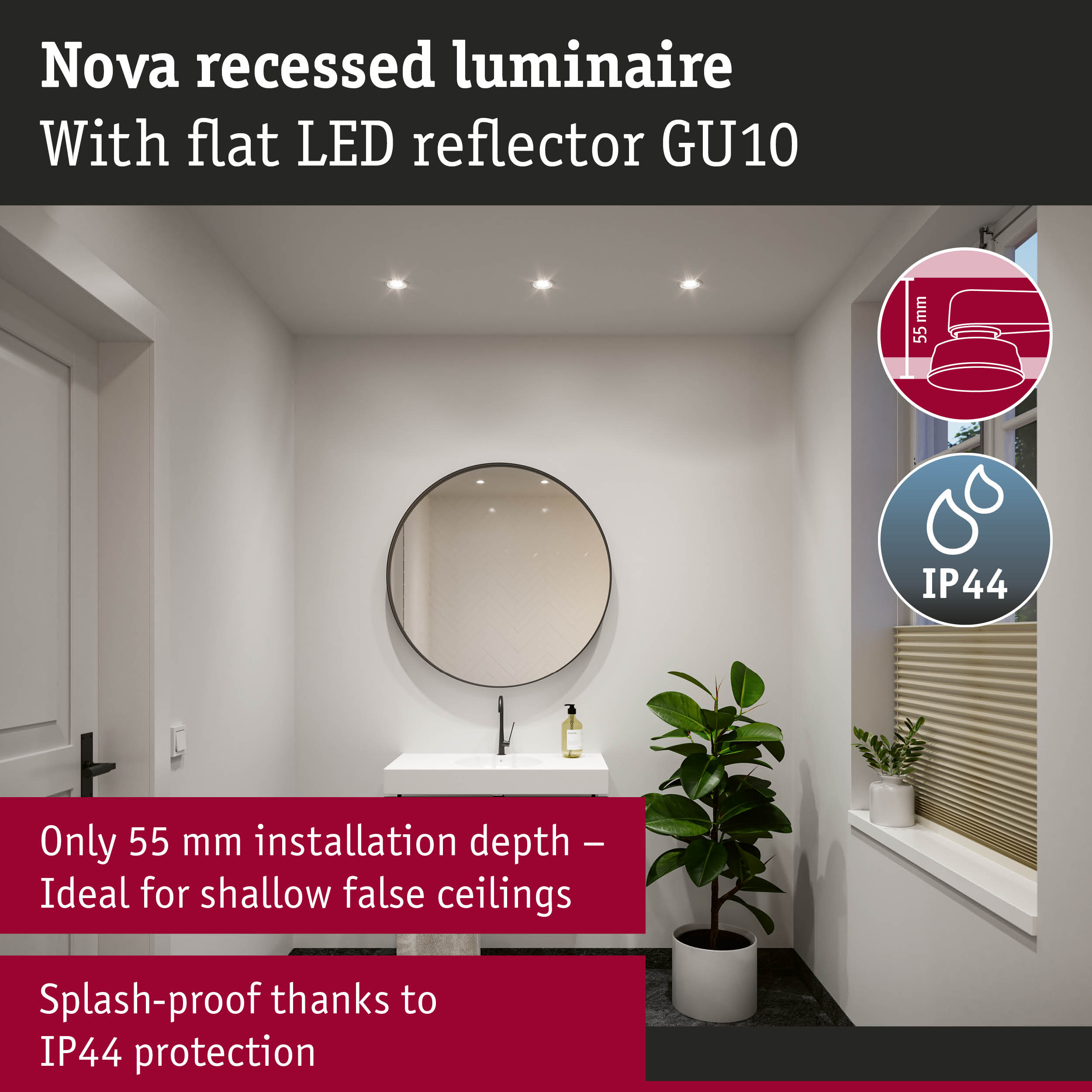 Nova recessed luminaire with flat LED reflector GU10, 55 mm installation depth, splash-proof IP44
