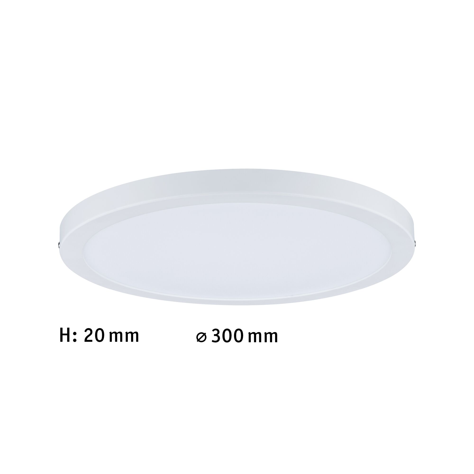 Flat round white LED ceiling light with 300 mm diameter and 20 mm height for modern lighting solutions