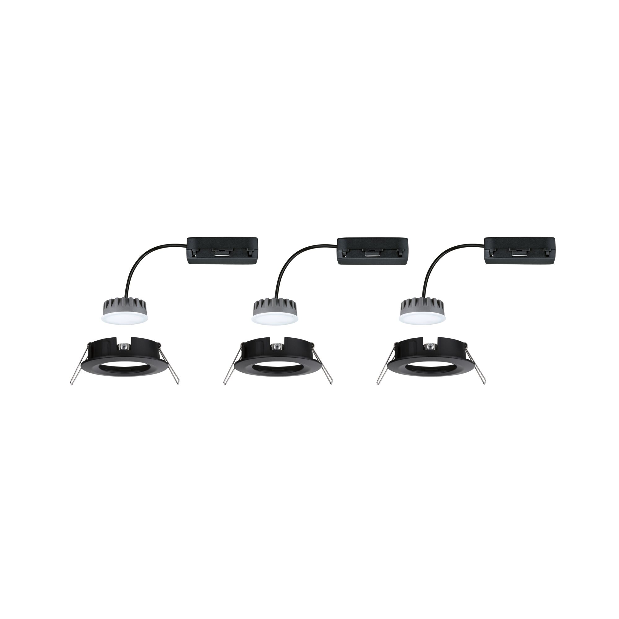 Three black LED recessed spotlights with separate driver and white diffuser for modern room lighting